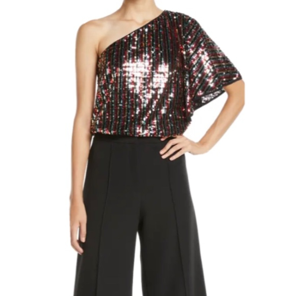 MILLY One-Shoulder Butterfly-Sleeve Striped Sequin Top